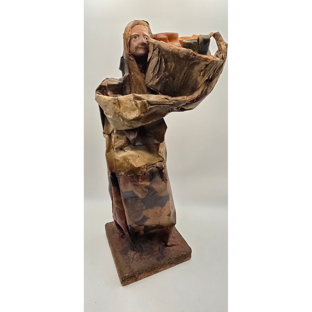 Vintage Mexican Paper Mache Folk Art Figurine Woman with Pottery Basket 11 Inch